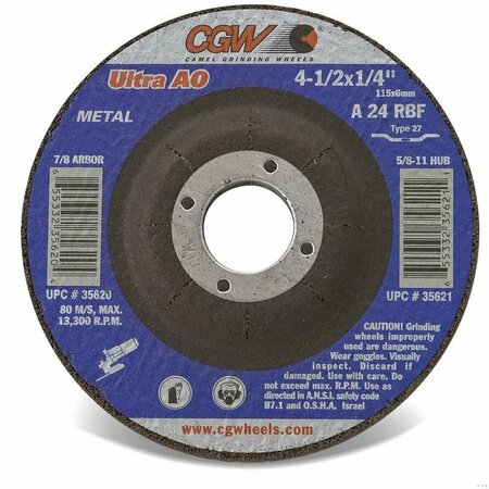 CGW ABRASIVES Flat Depressed Center Wheel, 4-1/2 in Dia x 1/8 in THK, 7/8 in Center Hole, 24 Grit, Aluminum Oxide 35612